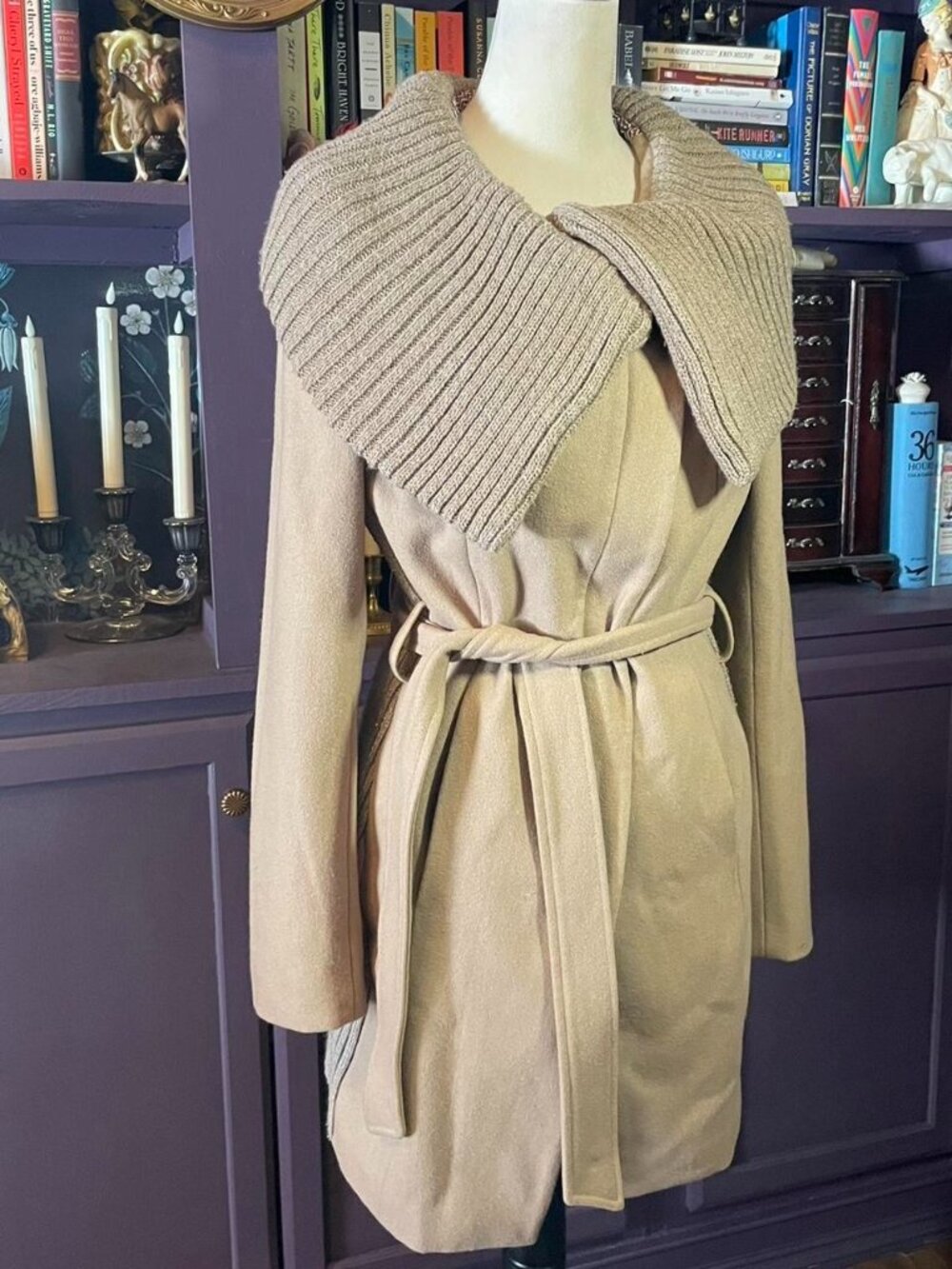 Tan wool blend peacoat with oversized knit collar